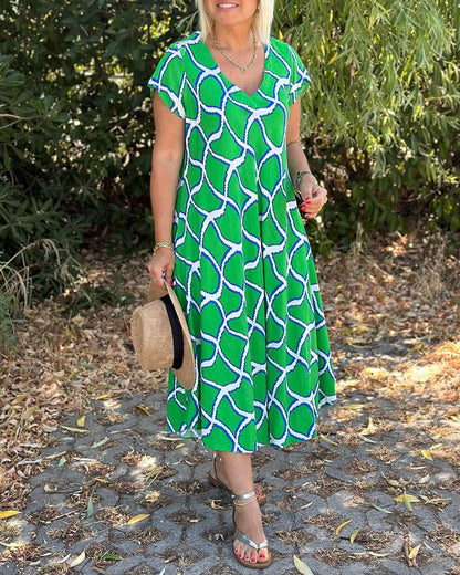 Printed short-sleeved V-neck dress