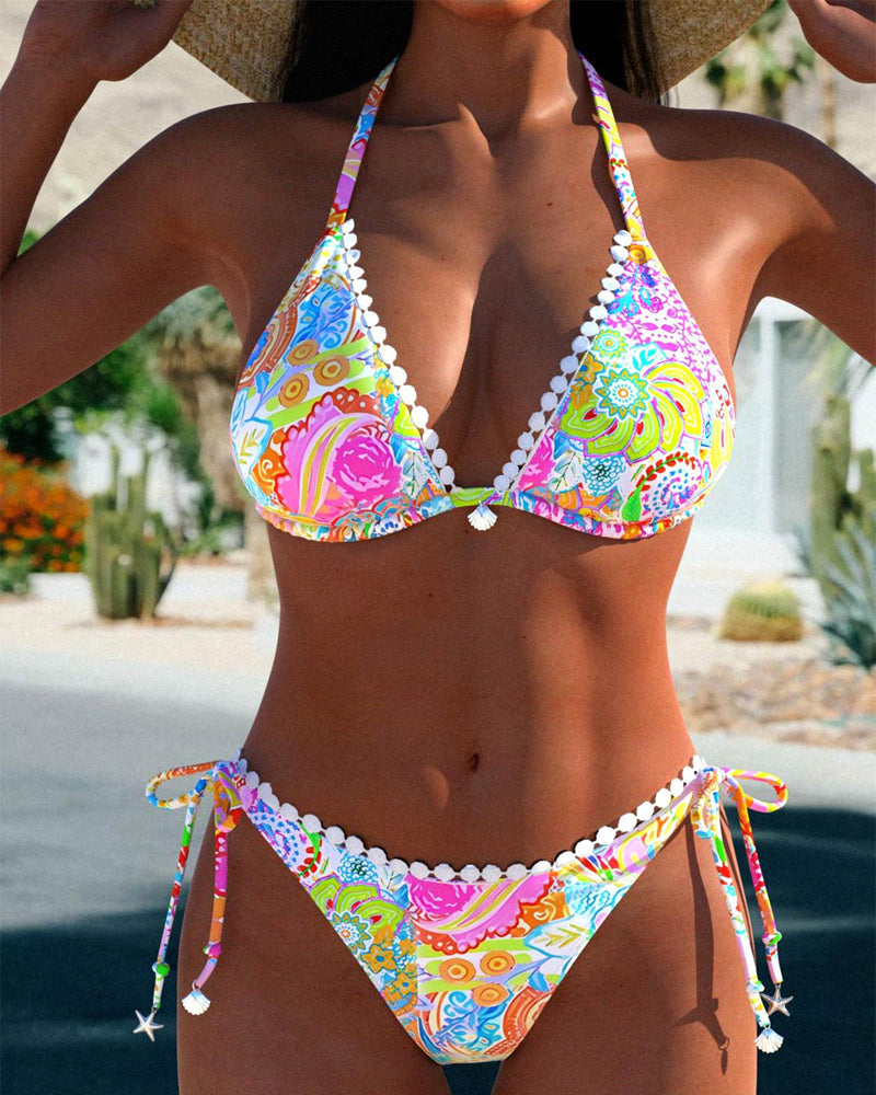 Colourful patchwork lace halter bikini