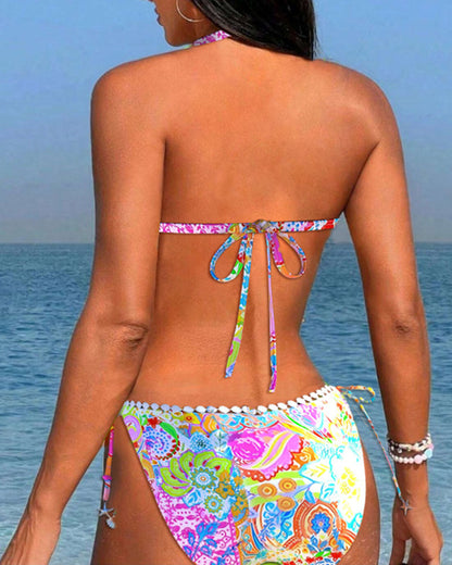 Colourful patchwork lace halter bikini